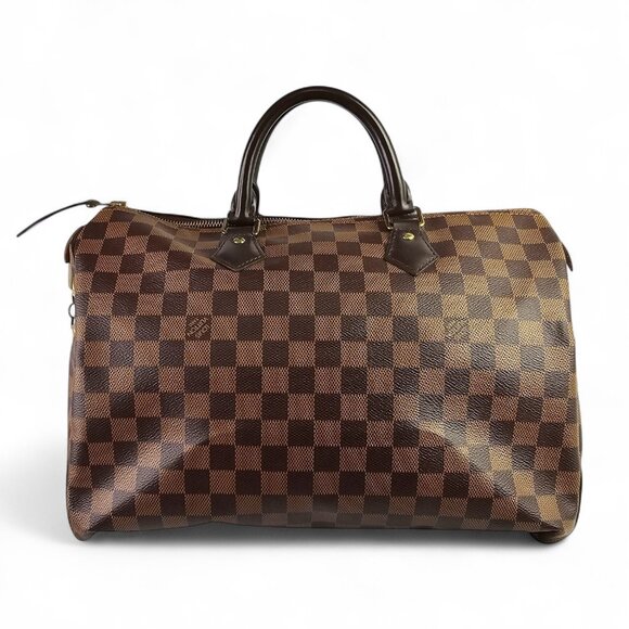 LOUIS VUITTON Speedy 35 Damier Ebene Brown Leather Top Handle Satchel Bag EUC - Picture 1 of 16